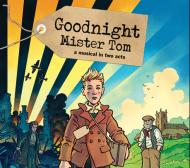 Young boy with suitcase in war setting, spitfires in the air and logo of Goodnight Mister Tom appears as a bag tag