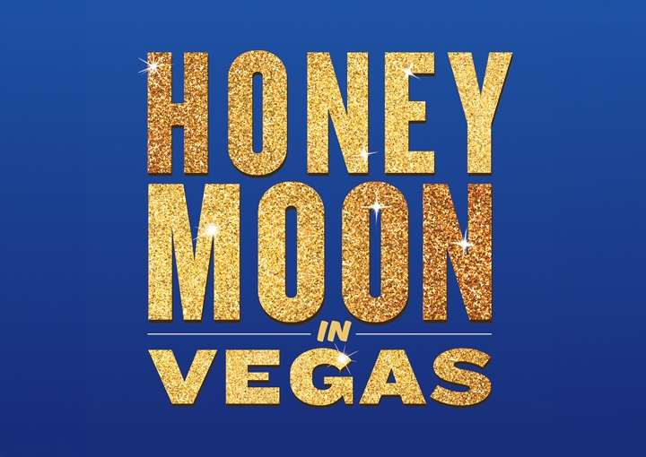 Blue background with honeymoon in Vegas in yellow sparkly text