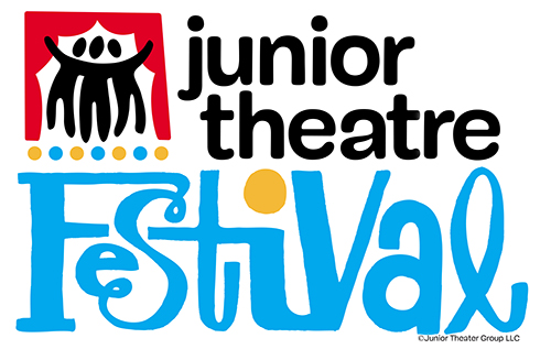 Junior theatre festival logo (text with 3 singing figures surrounded by curtains)