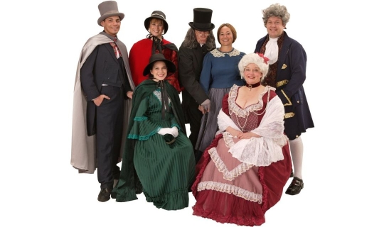 Rental Costumes for A Christmas Carol - Scrooge's Nephew Fred, Female Carolers, Ebenezer Scrooge, Mrs. Cratchit, Fezziwig, Mrs. Fezziwig