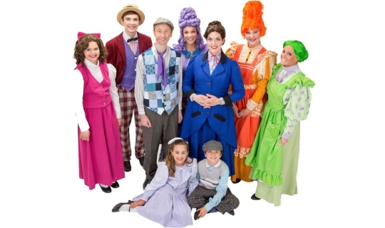 Rental Costumes for Mary Poppins – Conversation Shop Chorus Female, Conversation Shop Chorus Man, Burt, Mary Poppins, Annie (Purple), Mrs. Corry (Orange), Fannie (Green), The Banks’ Children Jane and Michael