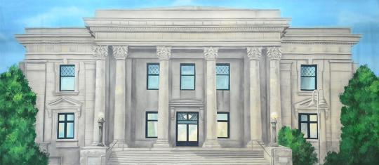 Courtroom Exterior Backdrop is ideal for shows like legally blonde and music man