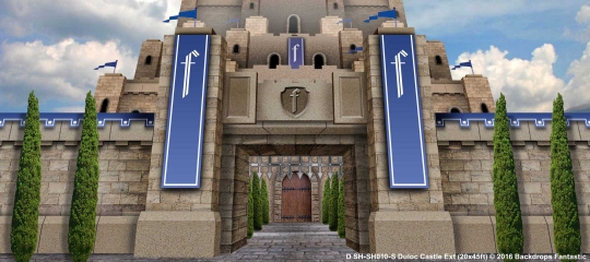 Duloc Castle Exterior Shrek Backdrop Duloc Castle Exterior SH-SH010-S 20x45 Shrek Backdrop Rental