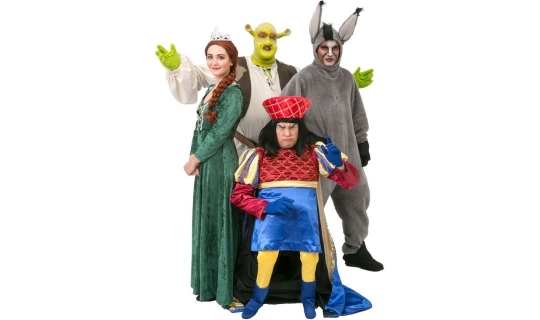 Rental Costumes for Shrek the Musical - Shrek, Princess Fiona, Donkey, and Lord Farquaad *Shrek pictured with latex prosthetics, rental includes fabric hood.