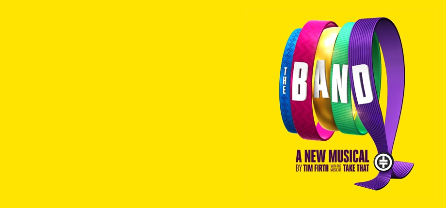 Yellow background, 'The Band' logo which features wristbands in 5 different colours.