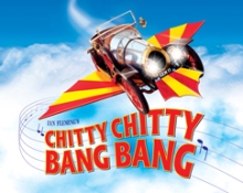 blue sky with clouds featuring a chitty chitty bang bang logo (flying car with yellow and red wings)