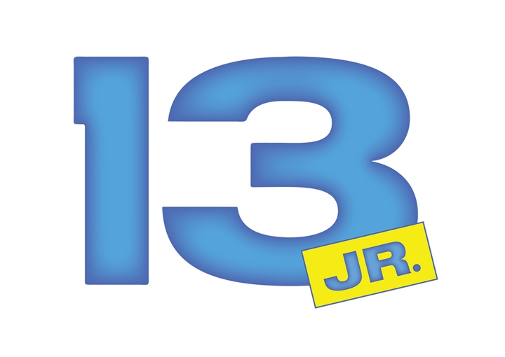 The word 13 appears in blue with a yellow sign off the right that contains the word JR. in blue