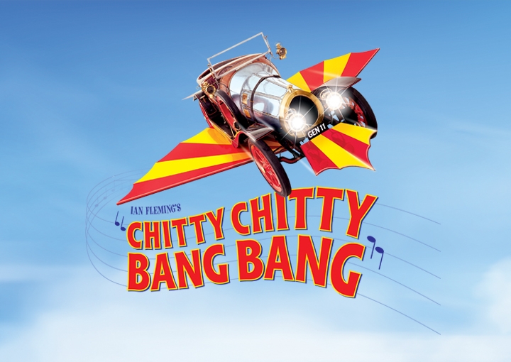 blue sky with clouds featuring a chitty chitty bang bang logo (flying car with yellow and red wings)