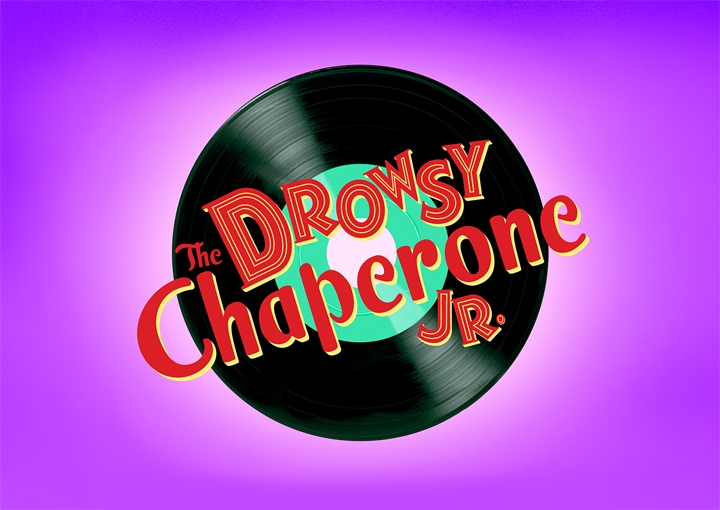 Purple background with 'the Drowsy Chaperone JR' text over the top of a black and green LP record.