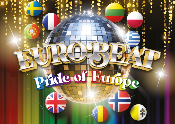 Eurobeat name in front of glitter ball, ten flags and a pride/glitter background