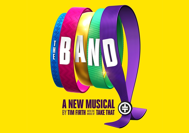 Yellow background, 'The Band' logo which features wristbands in 5 different colours.