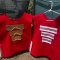Boys band bib-style top, red felt, gold trim
