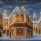 English winter village backdrop used in productions of A Christmas Carol and Scrooge