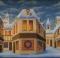 English winter village backdrop used in productions of A Christmas Carol and Scrooge